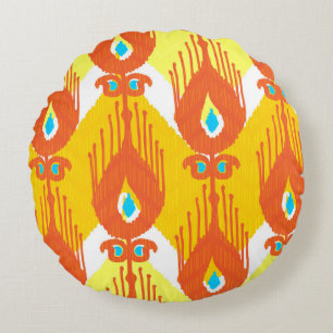 Ikat Fabric Pattern: Ethnic Vintage Design. Round Pillow