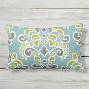 Ikat Floral Damask Aqua Chatreuse Olive Outdoor Pillow
