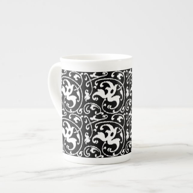 Ikat Floral Damask - Black and White Bone China Mug (Front Left)