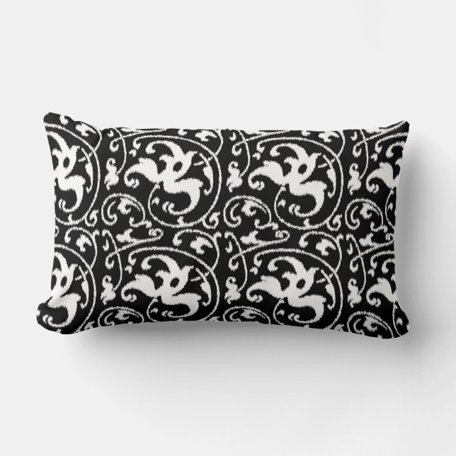 Ikat Floral Damask - Black and White Lumbar Pillow (Front)
