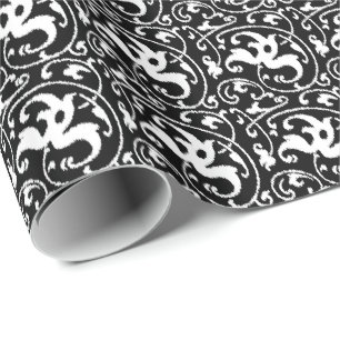 Ikat Floral Damask - Black and White Wrapping Paper