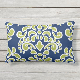 Ikat Floral Damask Blue and Chatreuse Outdoor Pillow