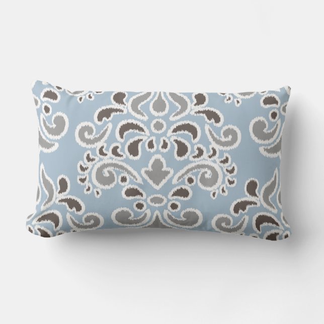 Ikat Floral Damask Blue Brown Grey Lumbar Pillow (Front)