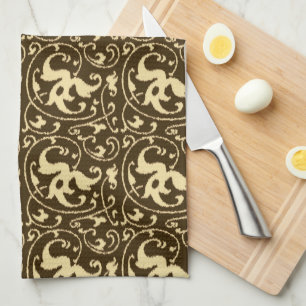 Ikat Floral Damask - Chocolate Brown and Tan Kitchen Towel
