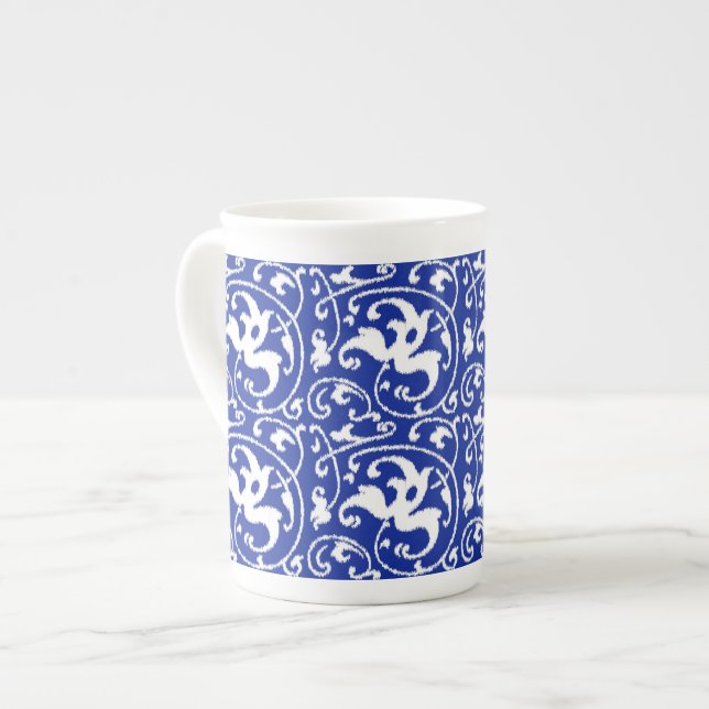 Ikat Floral Damask - Cobalt Blue and White Bone China Mug (Front Left)