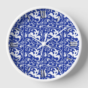 Ikat Floral Damask - Cobalt Blue and White Clock