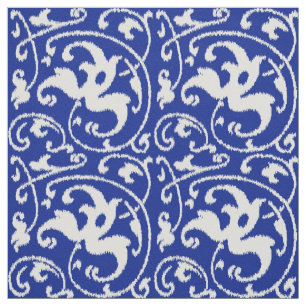 Ikat Floral Damask - Cobalt Blue and White Fabric