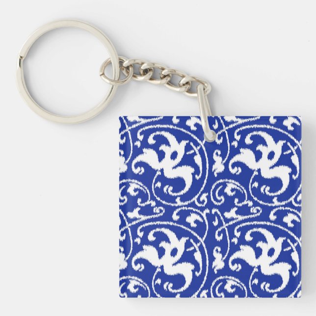 Ikat Floral Damask - Cobalt Blue and White Keychain (Front)