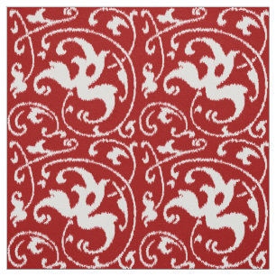 Ikat Floral Damask - Dark Red and White Fabric