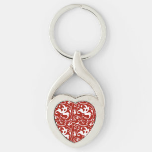 Ikat Floral Damask - Dark Red and White Keychain