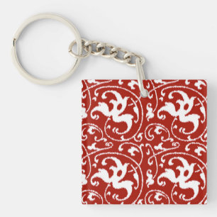 Ikat Floral Damask - Dark Red and White Keychain