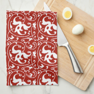 Ikat Floral Damask - Dark Red and White Kitchen Towel