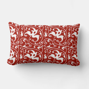 Ikat Floral Damask - Dark Red and White Lumbar Pillow