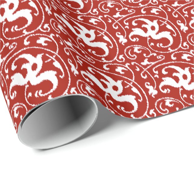 Ikat Floral Damask - Dark Red and White Wrapping Paper (Roll Corner)