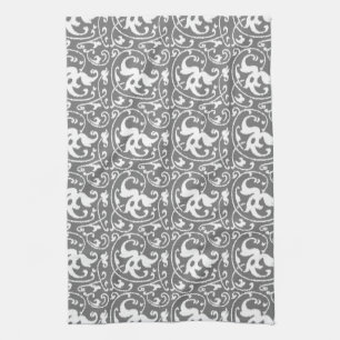 Ikat Floral Damask - Grey / Grey and White Kitchen Towel