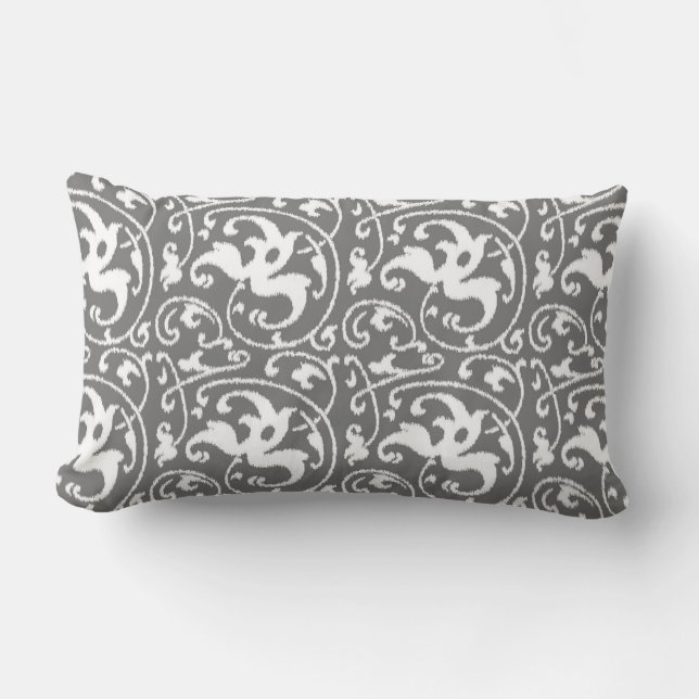 Ikat Floral Damask - Grey / Grey and White Lumbar Pillow (Front)