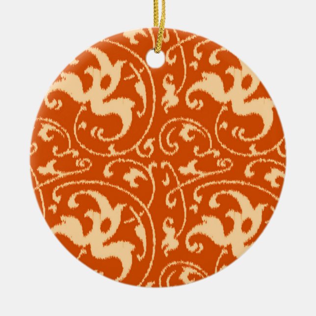 Ikat Floral Damask - Mandarin Orange Ceramic Ornament (Front)