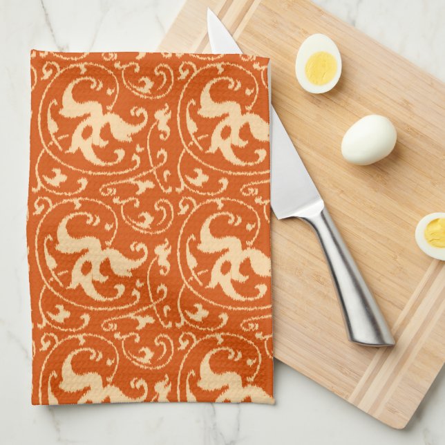 Ikat Floral Damask - Mandarin Orange Kitchen Towel (Quarter Fold)