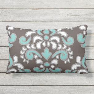 Ikat Floral Damask Tuquoise and brown Outdoor Pillow