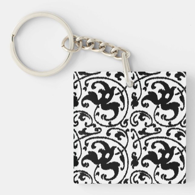 Ikat Floral Damask - White and Black Keychain (Front)