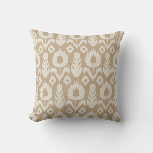 Ikat Floral Pattern in Tan and Natural Throw Pillow (Front)