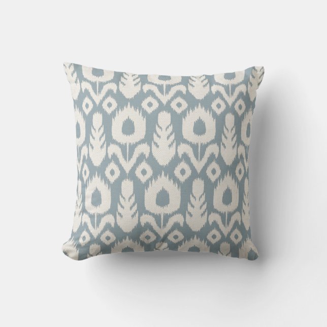 Ikat Floral Pattern Light Blue and Natural Throw Pillow (Front)
