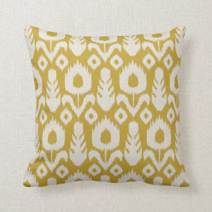 Ikat Floral Pattern Mustard Yellow and Natural Throw Pillow