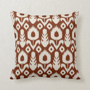 Ikat Floral Pattern Rust Red and Natural Throw Pillow