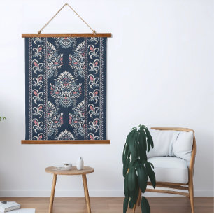 Ikat Floral Pattern White Pink Blue Hanging Tapestry