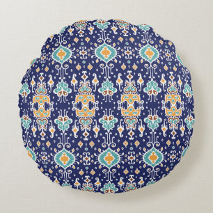 Ikat Geometric: Folklore Oriental Ornament. Round Pillow