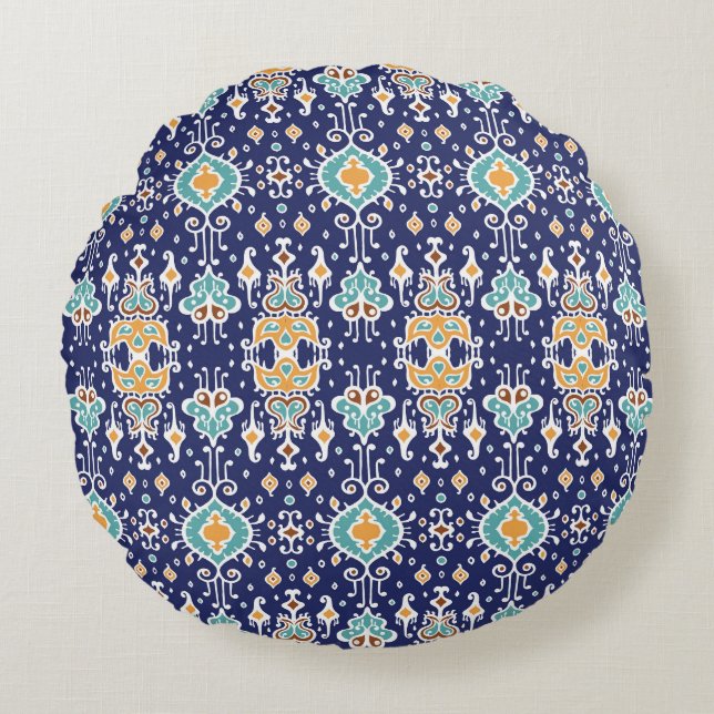 Ikat Geometric: Folklore Oriental Ornament. Round Pillow (Front)