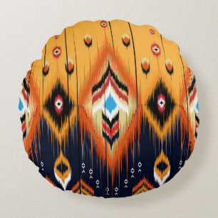 Ikat geometric folklore ornament. Tribal ethnic te Round Pillow