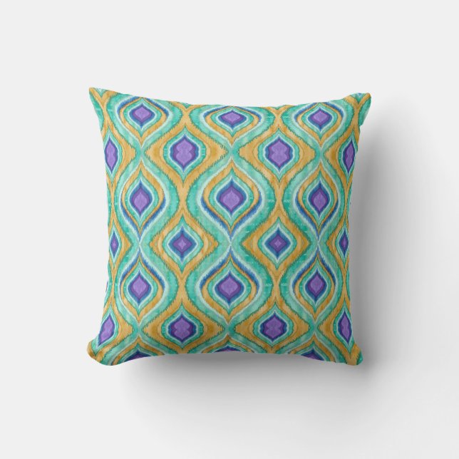 IKAT Modern Vintage Peacock Feathers Pattern Throw Pillow (Front)