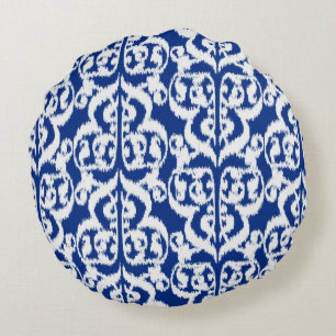Ikat Moorish Damask - cobalt blue and white Round Pillow
