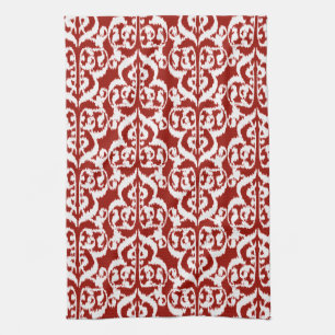 Ikat Moorish Damask - dark red and white Kitchen Towel