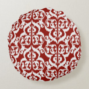 Ikat Moorish Damask - dark red and white Round Pillow