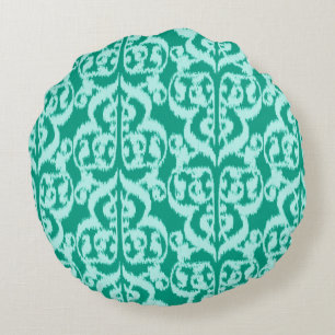 Ikat Moorish Damask - peacock and aqua Round Pillow