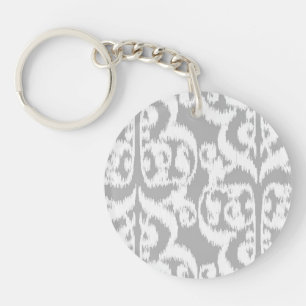 Ikat Moorish Damask - silver grey and white Keychain