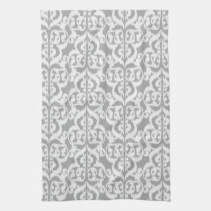 Ikat Moorish Damask - silver grey and white Kitchen Towel