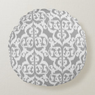 Ikat Moorish Damask - silver grey and white Round Pillow