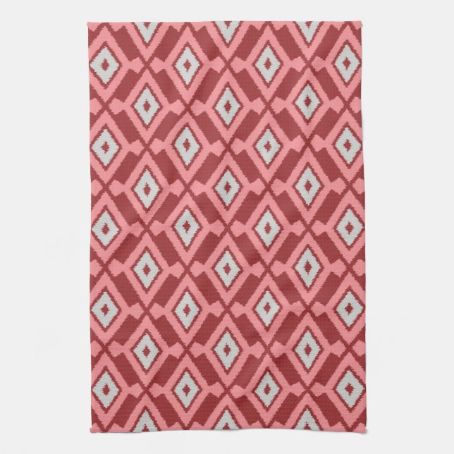 Ikat Pattern - Burgundy, Grey and Coral Kitchen Towel (Vertical)