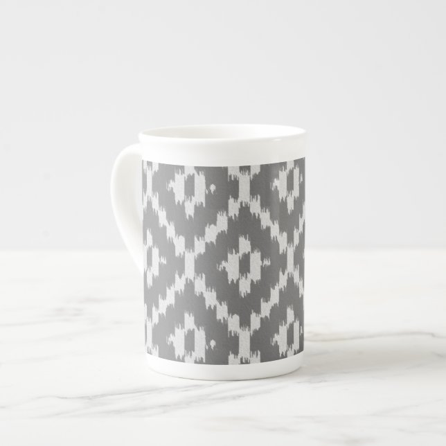 Ikat pattern - Charcoal and silver grey Bone China Mug (Front Left)