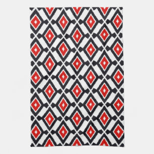 Ikat Pattern - Dark Red, Black and White Kitchen Towel