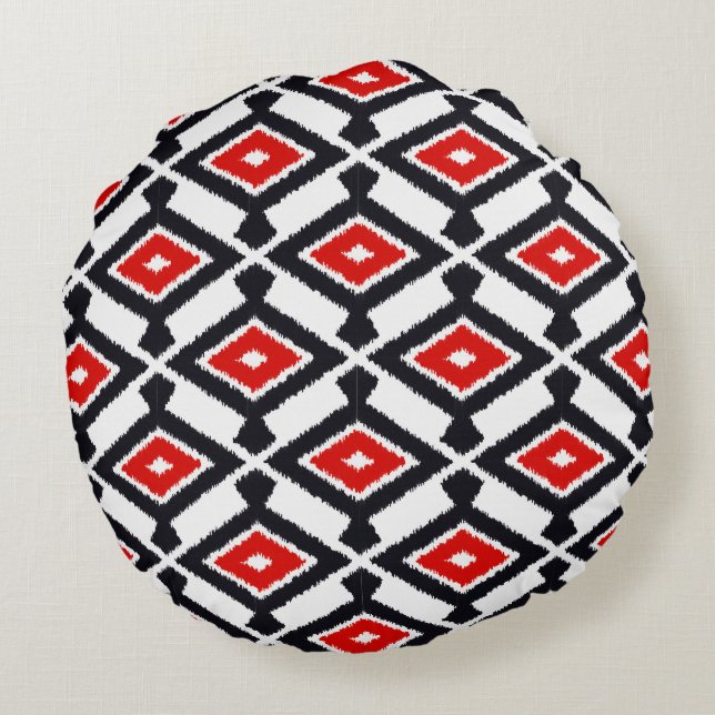 Ikat Pattern - Dark Red, Black and White Round Pillow (Back)