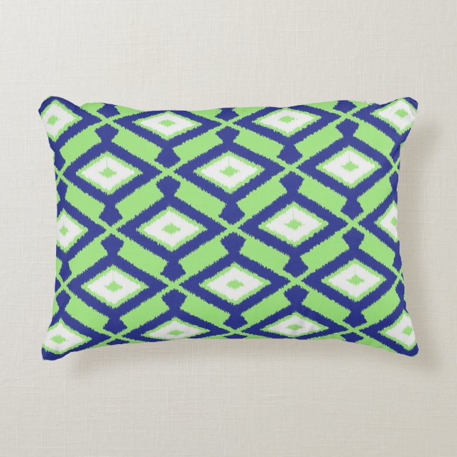 Ikat Pattern - Green, Indigo Blue and White Accent Pillow (Front)