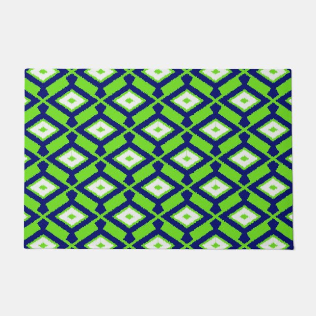 Ikat Pattern, Green, Indigo Blue and White Doormat (Front)