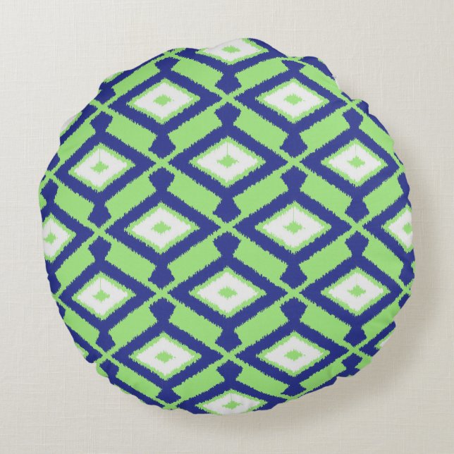 Ikat Pattern - Green, Indigo Blue and White Round Pillow (Back)