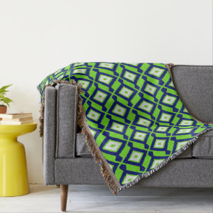Ikat Pattern - Green, Indigo Blue and White Throw Blanket