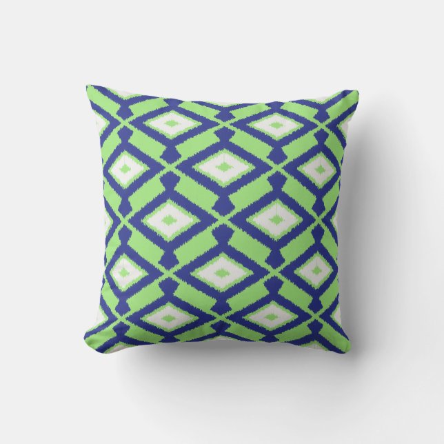 Ikat Pattern - Green, Indigo Blue and White Throw Pillow (Front)