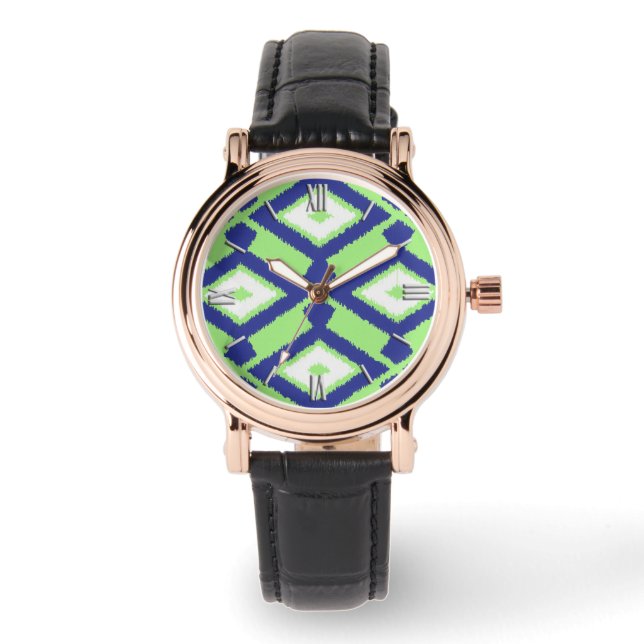 Ikat Pattern - Green, Indigo Blue and White Watch (Front)